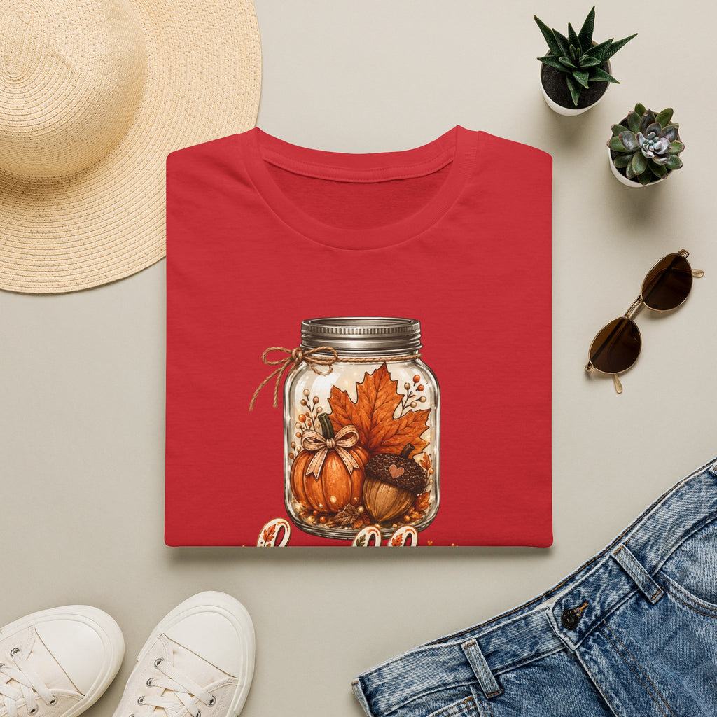 Hello Fall Mason Jar Tee — Autumn Pumpkin & Leaf Graphic T-Shirt