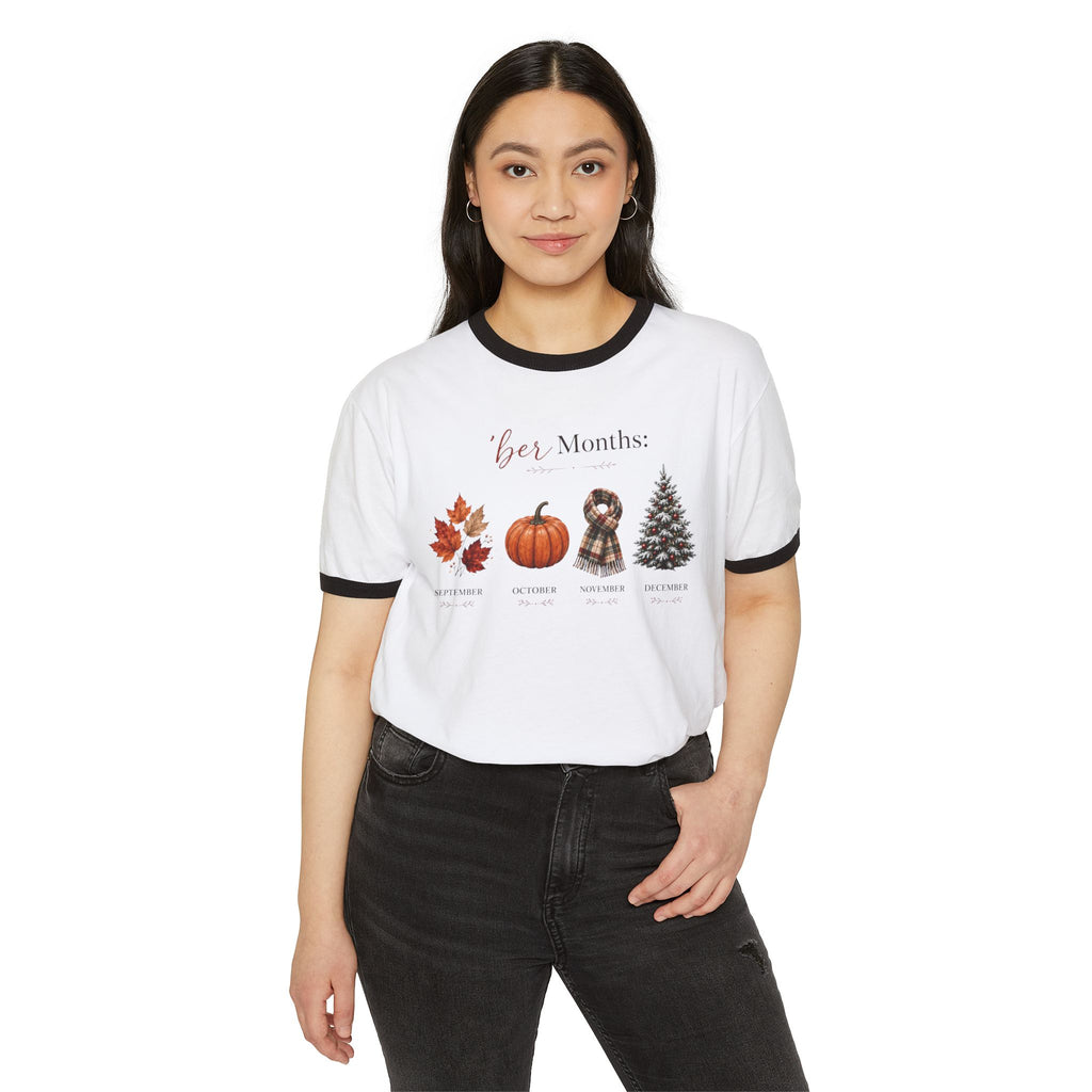 Seasons Tee — “Her Months: Fall, Halloween, Thanksgiving, Christmas” Ringer T‑Shirt