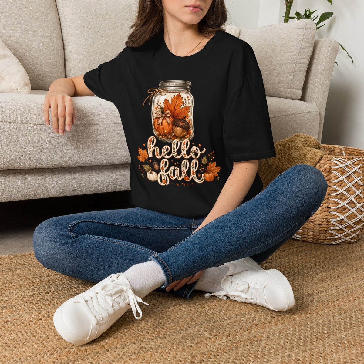Hello Fall Mason Jar Tee — Autumn Pumpkin & Leaf Graphic T-Shirt