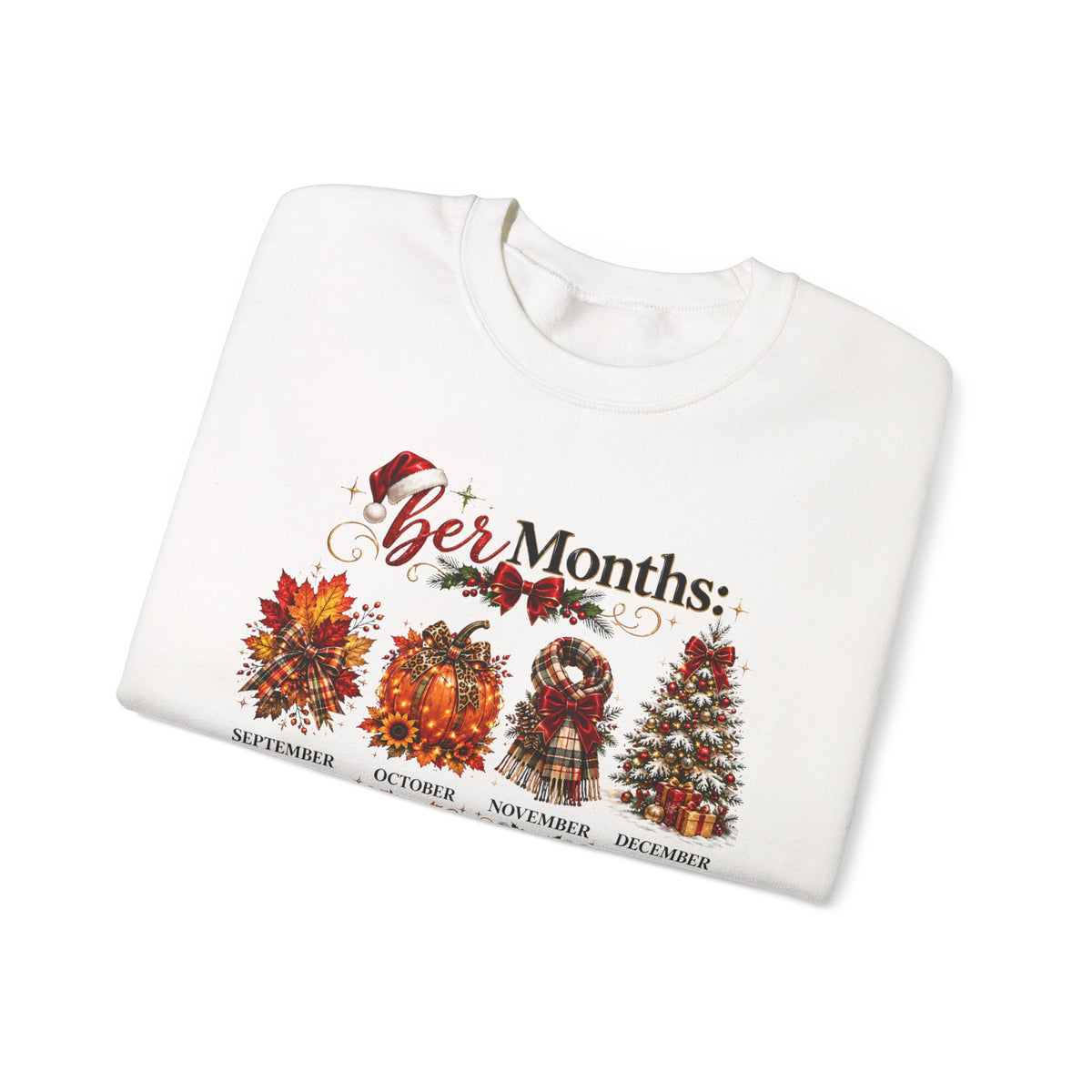 Crewneck Sweatshirt — 'Ber Months' Fall to Winter Graphic (Leaves, Pumpkin, Scarf, Tree)