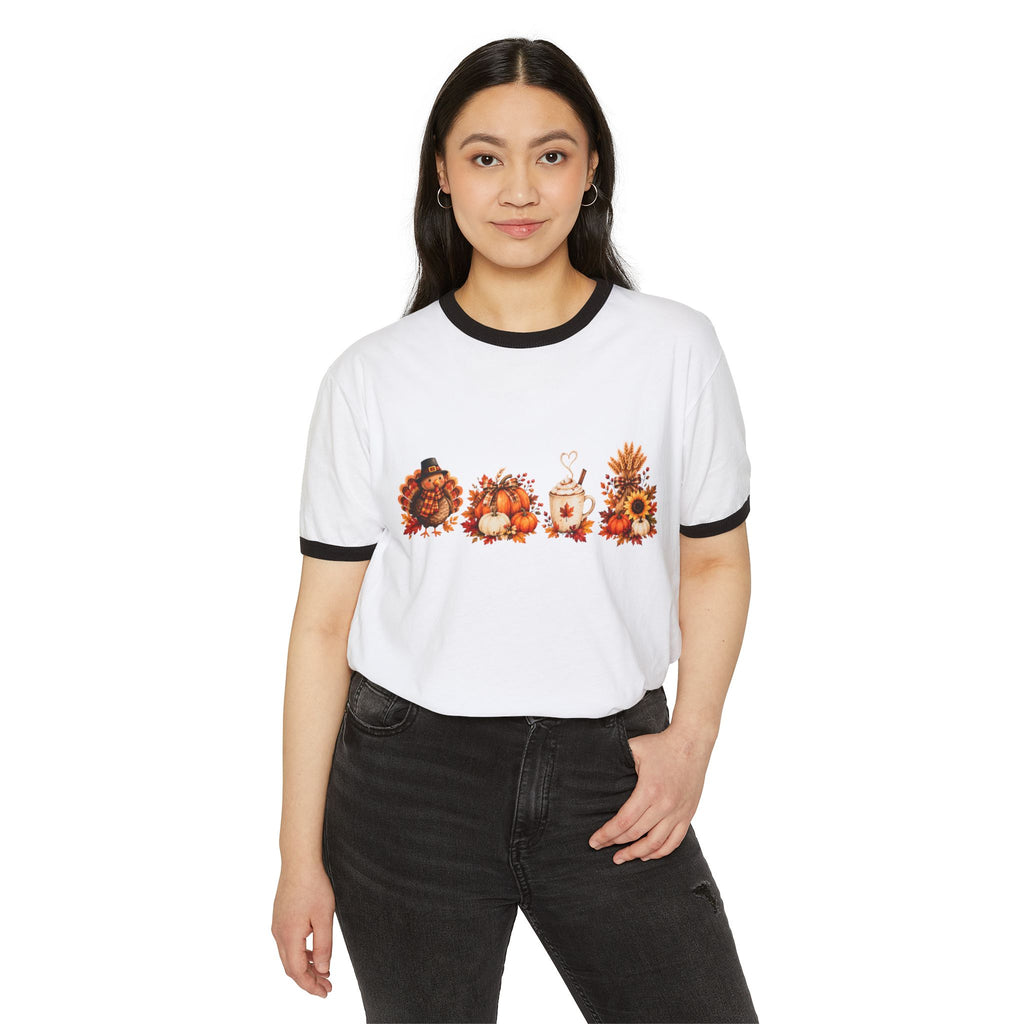 Autumn Harvest Ringer Tee — Fall Pumpkins, Sunflowers & Cozy Mug Design