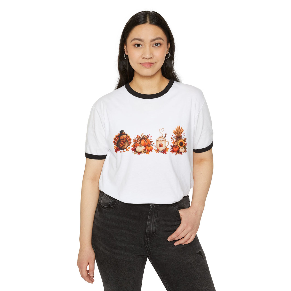 Autumn Harvest Ringer Tee — Fall Pumpkins, Sunflowers & Cozy Mug Design