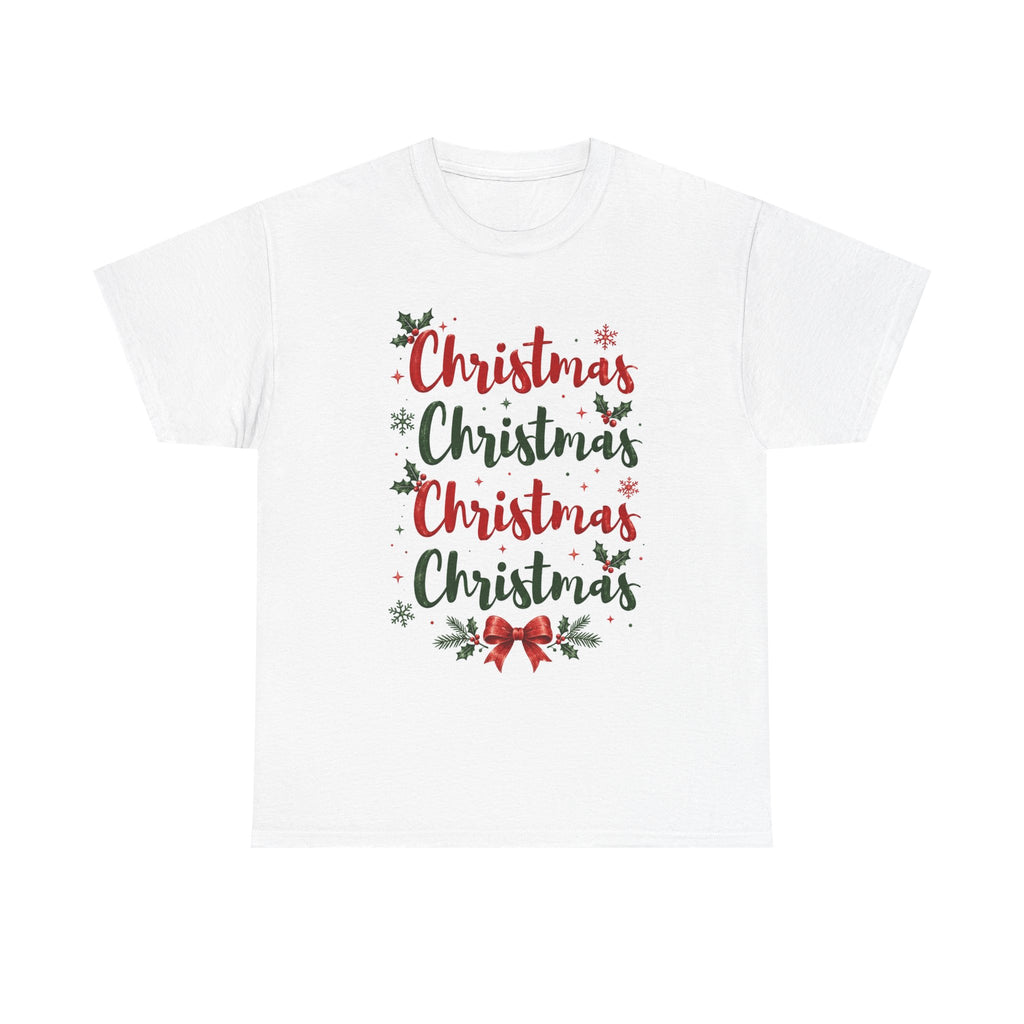 Christmas Script Repeat Tee — Festive Holiday Graphic T-Shirt with Holly & Bow