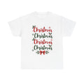 Christmas Script Repeat Tee — Festive Holiday Graphic T-Shirt with Holly & Bow