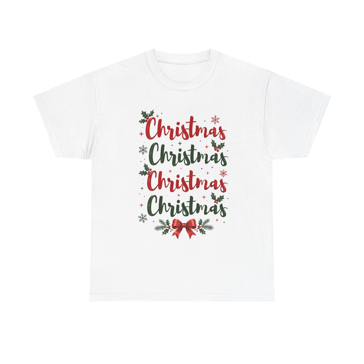 Christmas Script Repeat Tee — Festive Holiday Graphic T-Shirt with Holly & Bow