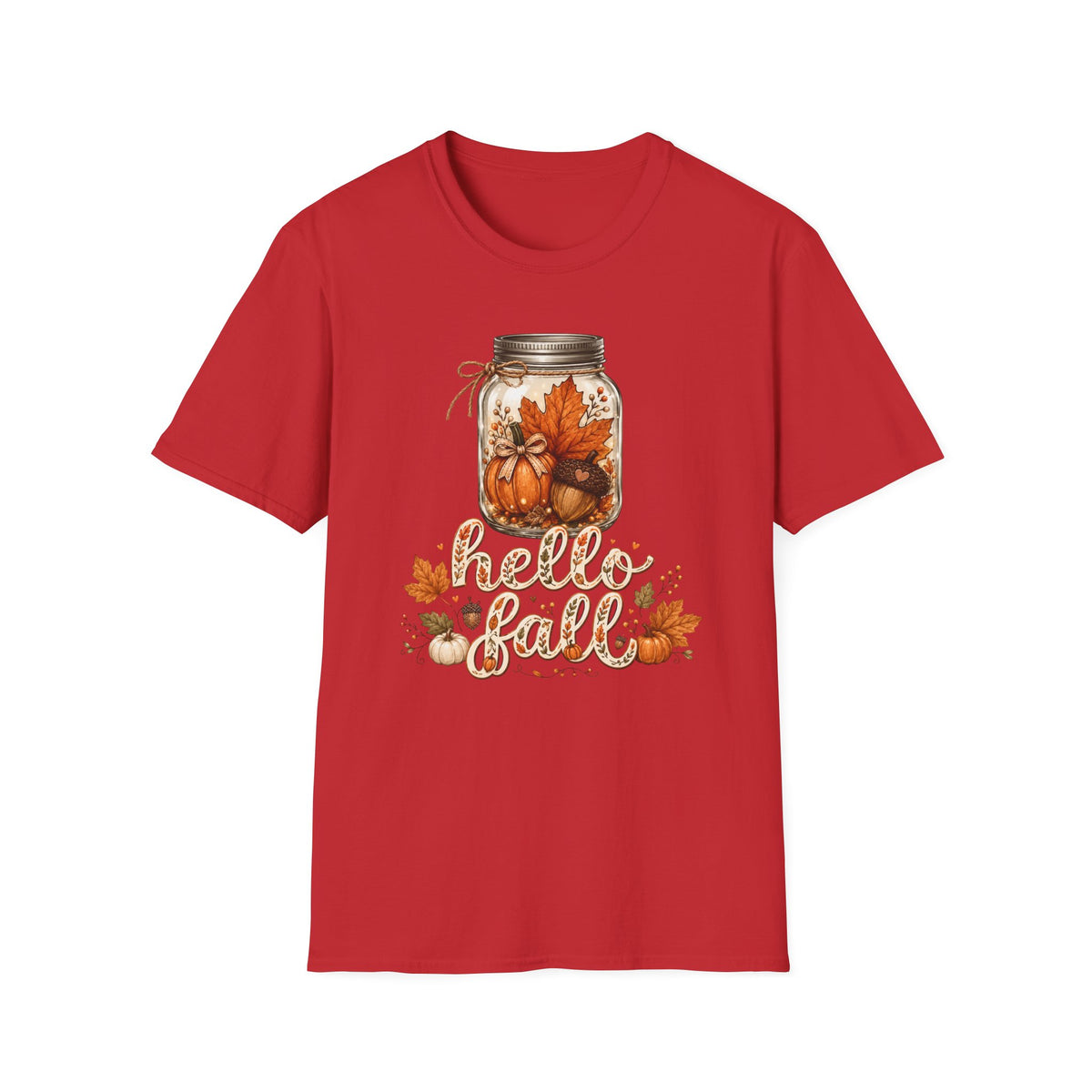 Hello Fall Mason Jar Tee — Autumn Pumpkin & Leaf Graphic T-Shirt