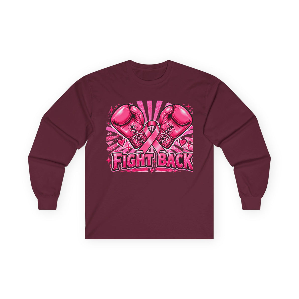 Long Sleeve Tee — Pink Boxing Gloves & Ribbon “Fight Back” Breast Cancer Support