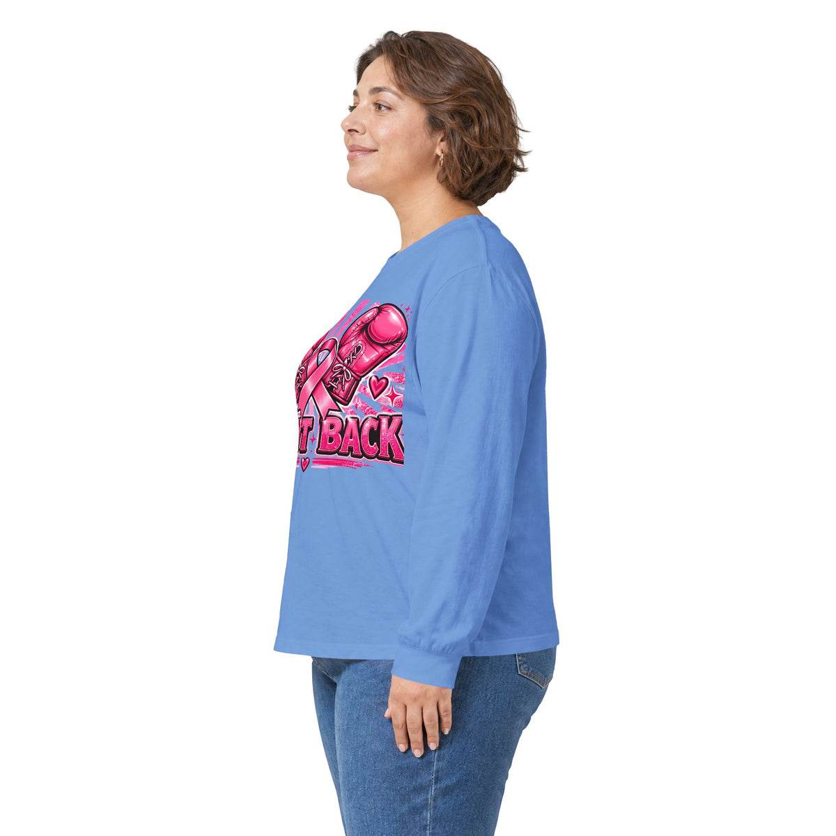 Long Sleeve Tee — Pink Boxing Gloves & Ribbon “Fight Back” Breast Cancer Support