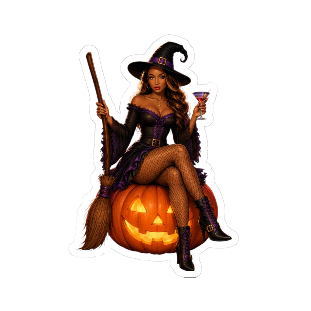 Sexy Witch on Jack-O'-Lantern Kiss-Cut Sticker — Halloween Pinup Decor