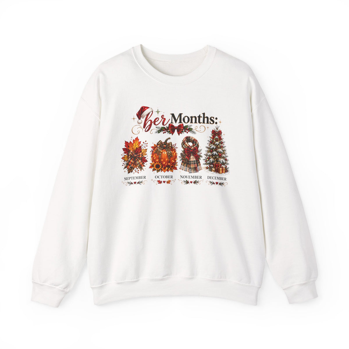 Crewneck Sweatshirt — 'Ber Months' Fall to Winter Graphic (Leaves, Pumpkin, Scarf, Tree)