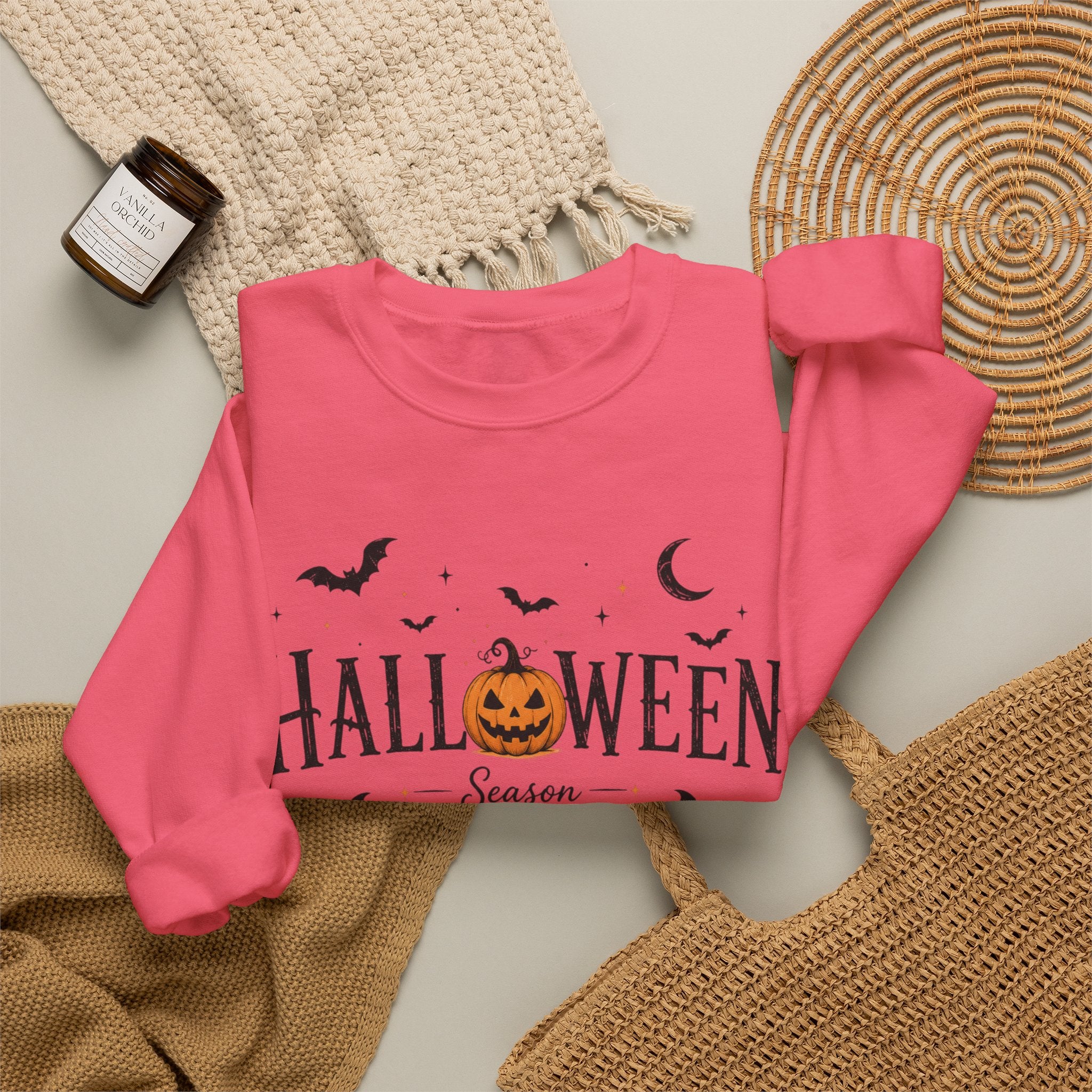 Halloween Season Crewneck Sweatshirt — Pumpkin Jack-O'-Lantern & Bats
