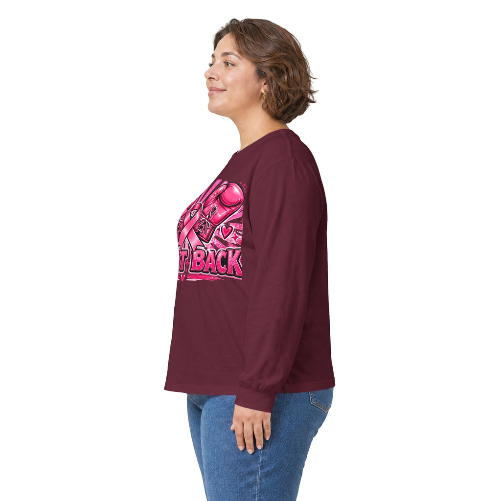 Long Sleeve Tee — Pink Boxing Gloves & Ribbon “Fight Back” Breast Cancer Support