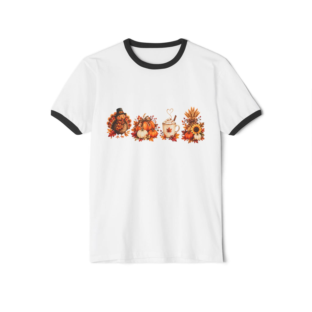Autumn Harvest Ringer Tee — Fall Pumpkins, Sunflowers & Cozy Mug Design