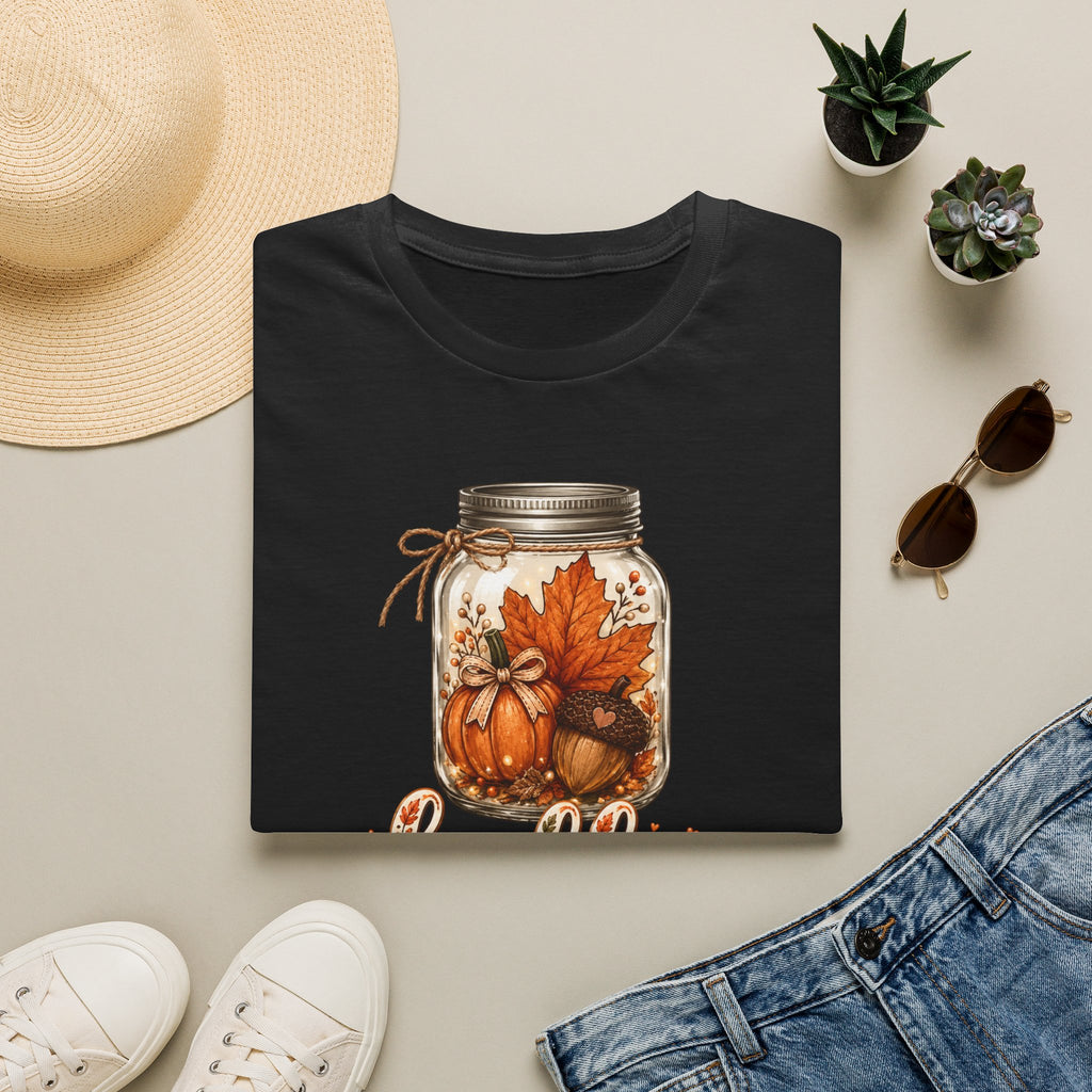 Hello Fall Mason Jar Tee — Autumn Pumpkin & Leaf Graphic T-Shirt