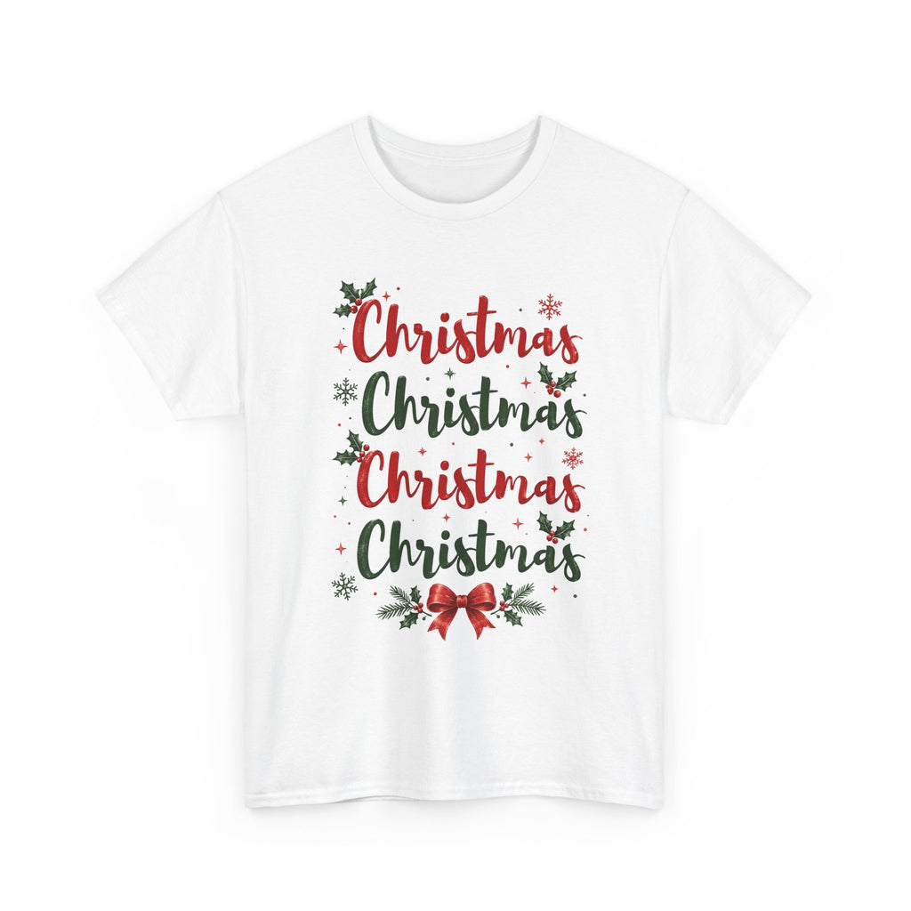 Christmas Script Repeat Tee — Festive Holiday Graphic T-Shirt with Holly & Bow