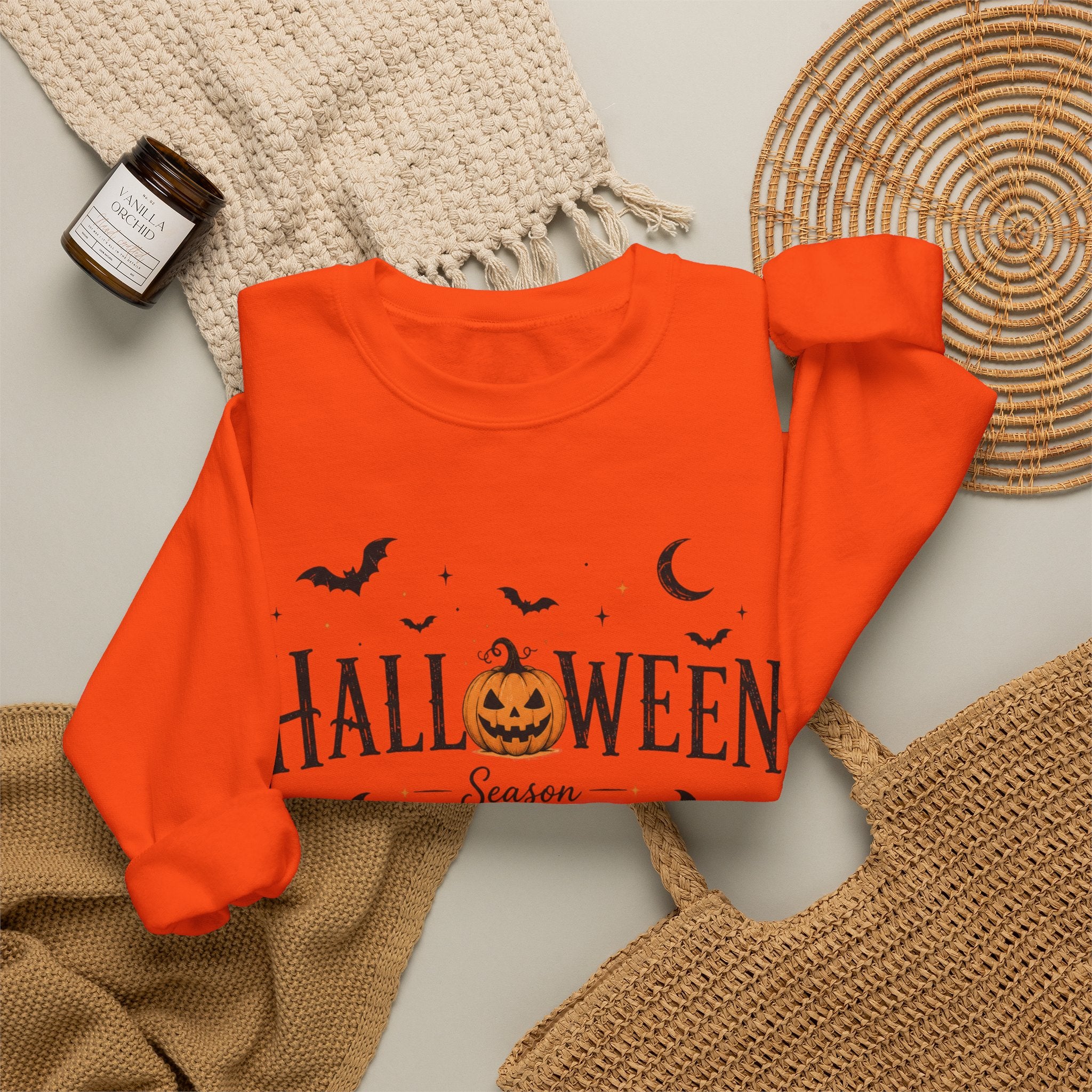 Halloween Season Crewneck Sweatshirt — Pumpkin Jack-O'-Lantern & Bats