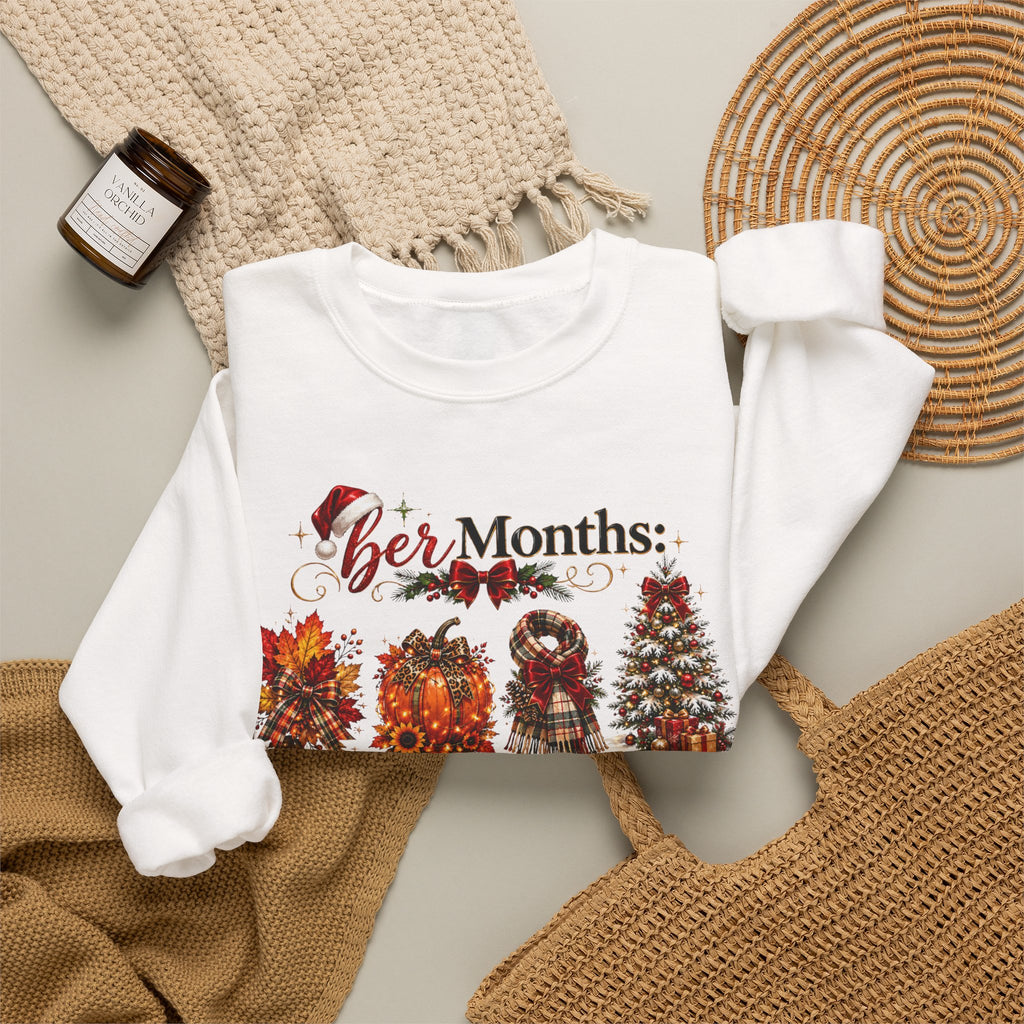 Crewneck Sweatshirt — 'Ber Months' Fall to Winter Graphic (Leaves, Pumpkin, Scarf, Tree)