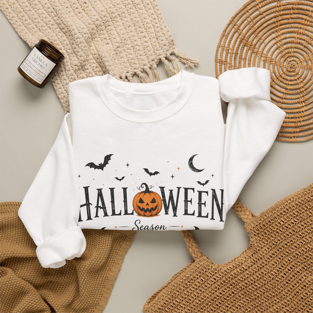 Halloween Season Crewneck Sweatshirt — Pumpkin Jack-O'-Lantern & Bats