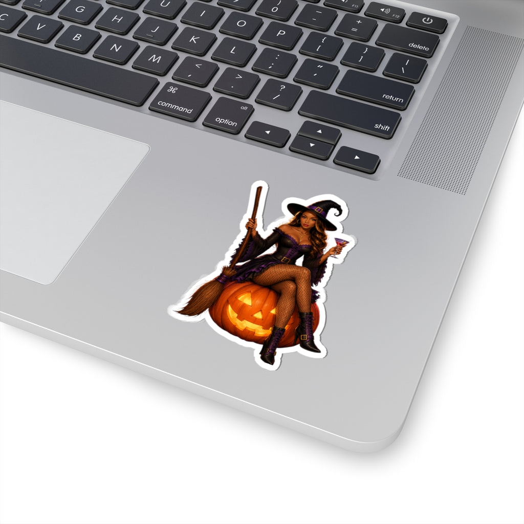 Sexy Witch on Jack-O'-Lantern Kiss-Cut Sticker — Halloween Pinup Decor