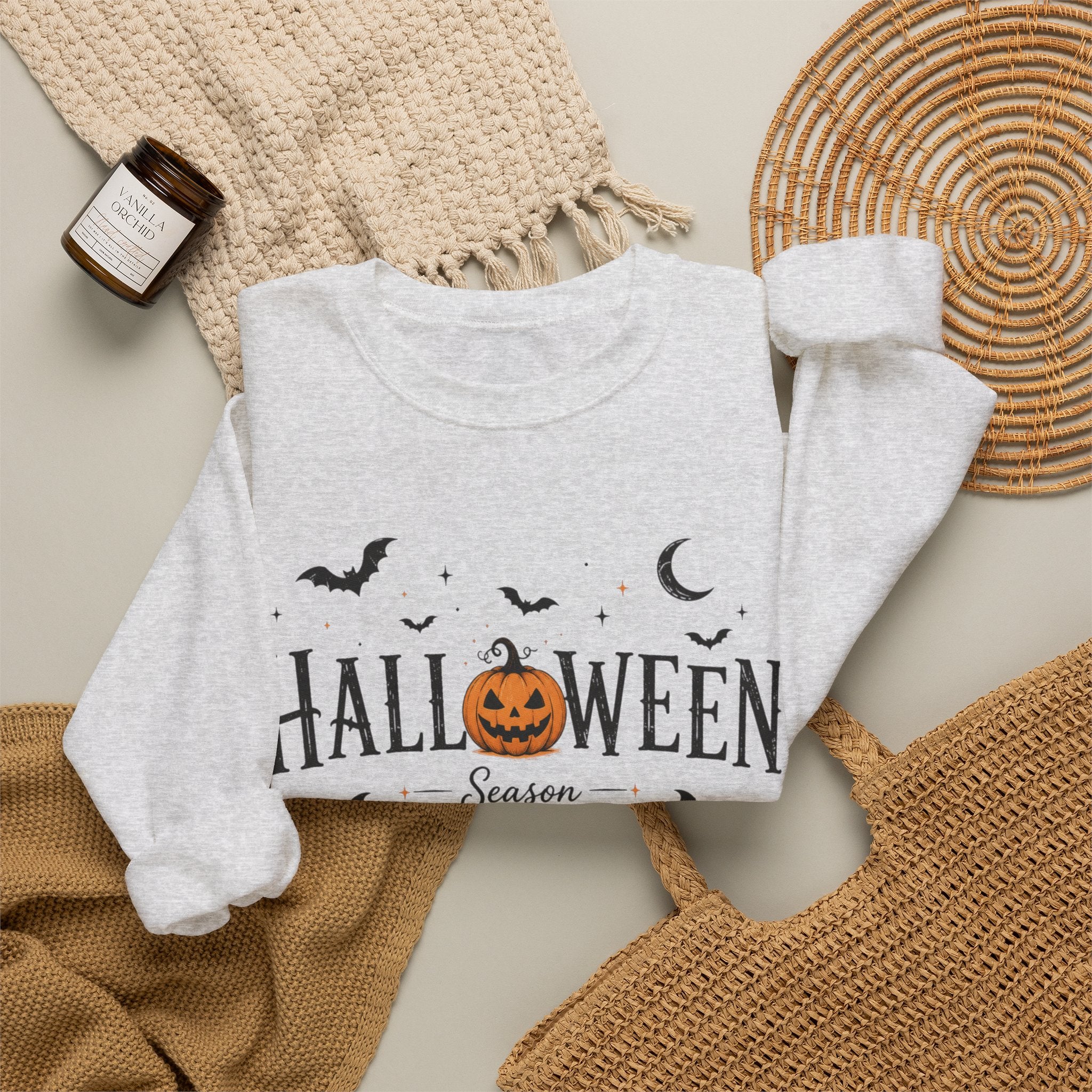 Halloween Season Crewneck Sweatshirt — Pumpkin Jack-O'-Lantern & Bats