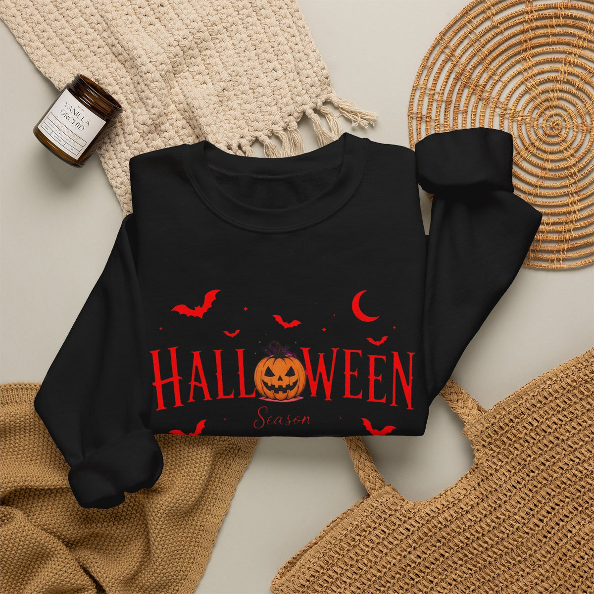 Halloween Pumpkin Crewneck Sweatshirt — Spooky Bats & Jack-o'-Lantern Design