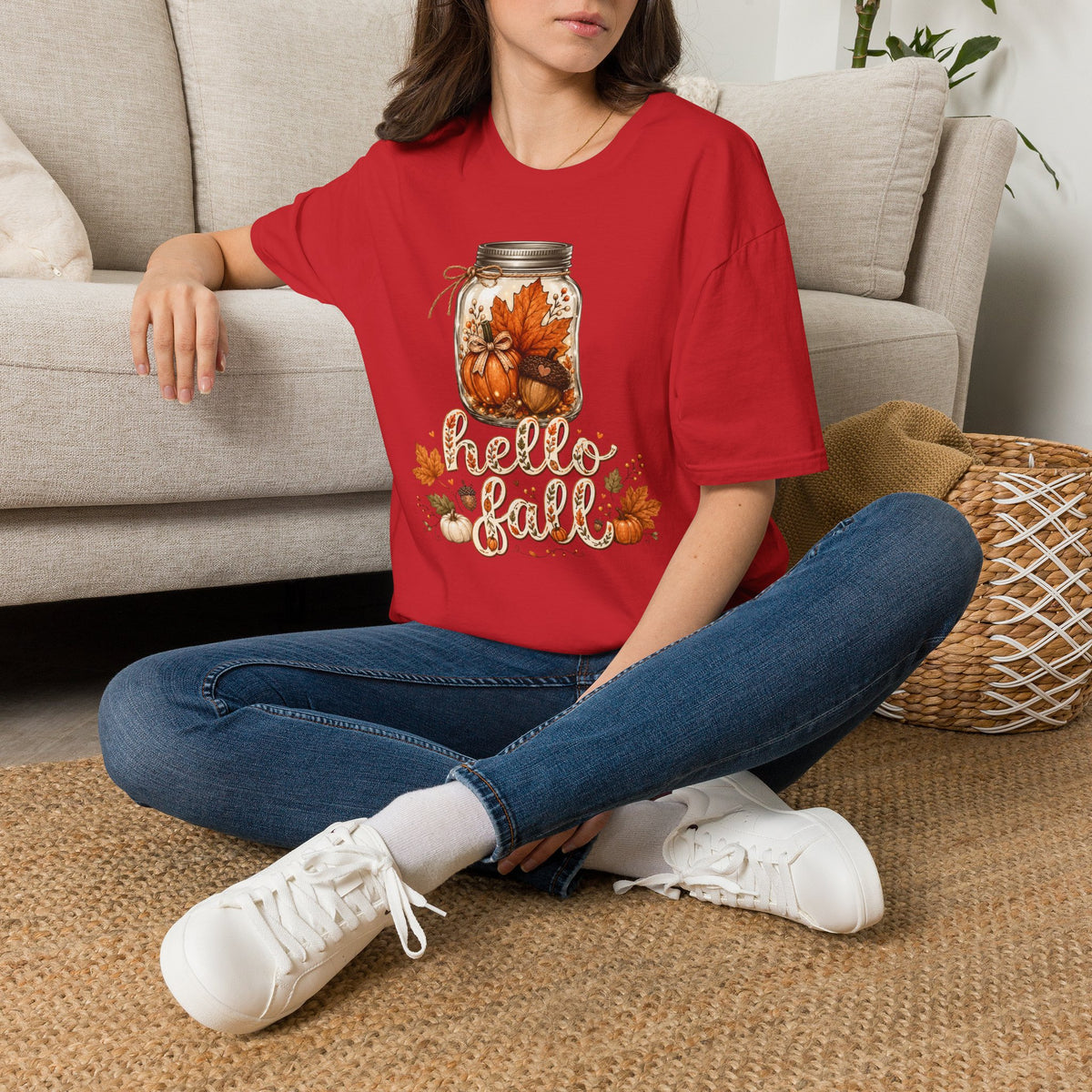 Hello Fall Mason Jar Tee — Autumn Pumpkin & Leaf Graphic T-Shirt