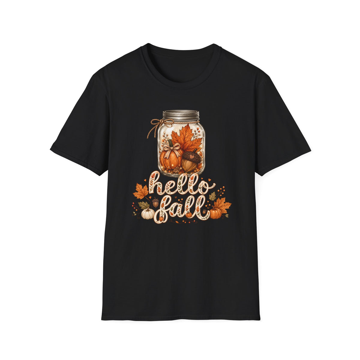 Hello Fall Mason Jar Tee — Autumn Pumpkin & Leaf Graphic T-Shirt